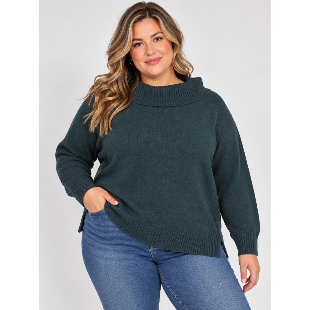 SO Women's Green Cowl Neck Ribbed Tight-Knit Raglan Long Sleeve Sweater 2XL
